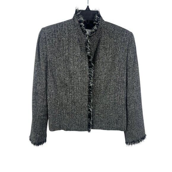 Vintage SEV Women's Wool Blend Cropped Jacket Fringe Trim Open Front Neutral - Picture 13 of 14